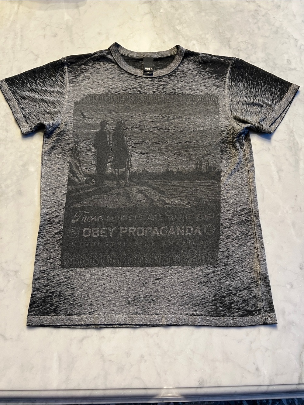 VINTAGE tissue OBEY Tshirt. Men’s unisex small. “These sunsets are to die for”